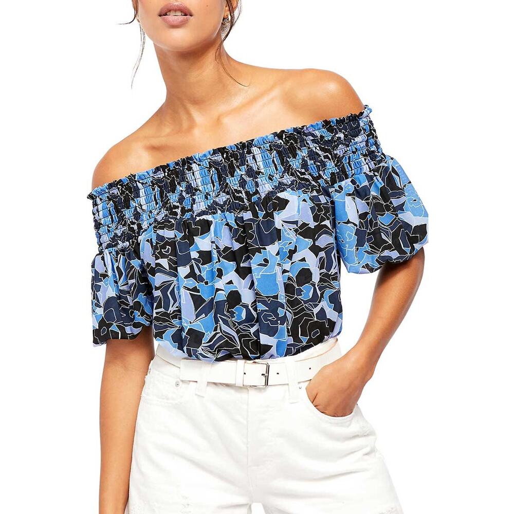 New Free People Boho Abstract Bubble Top $78 SMALL Blue Smocked Off The Shoulder